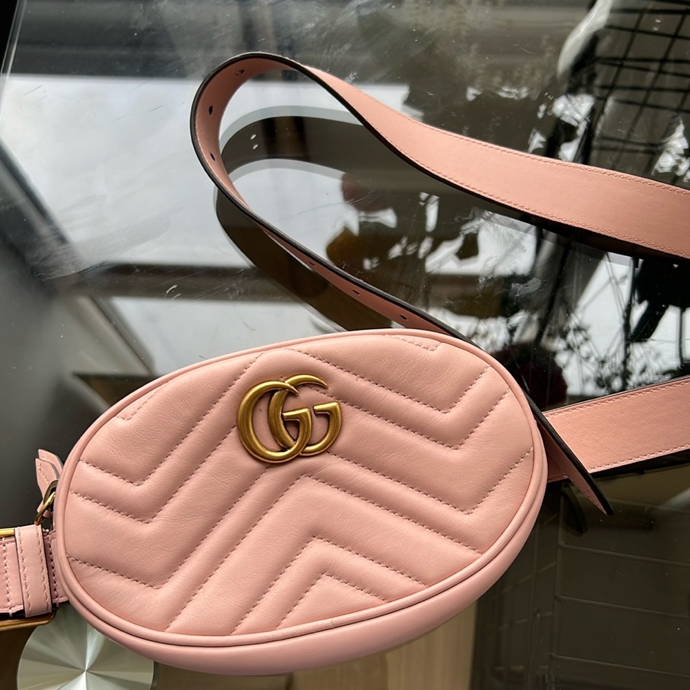 Pink Gucci marmont waist belt bag